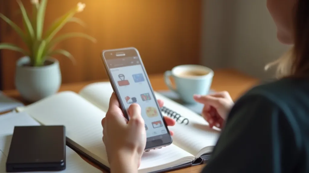 Language learner studying with notebook and language app