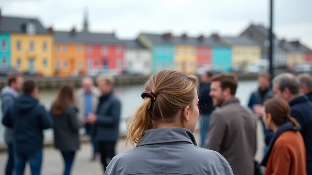 Group of people standing in a circle at Galway waterfront with colorful buildings visible in background, outdoor community gathering