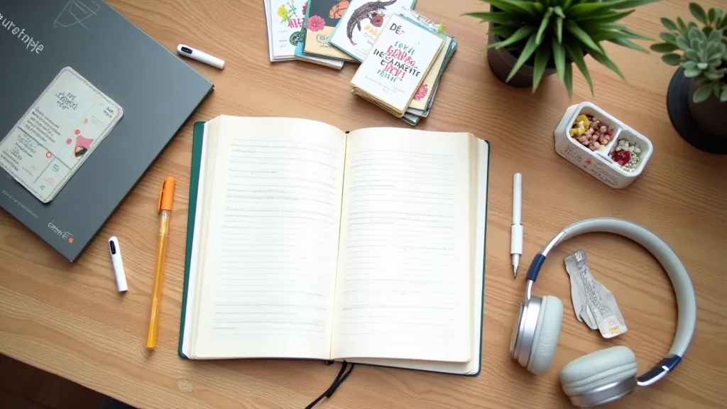 Language learning workspace with textbook, vocabulary cards, pen, and headphones arranged on wooden table
