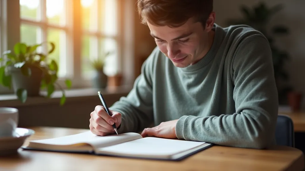 Person at desk with journal and coffee, demonstrating daily practice routine setup for language learning