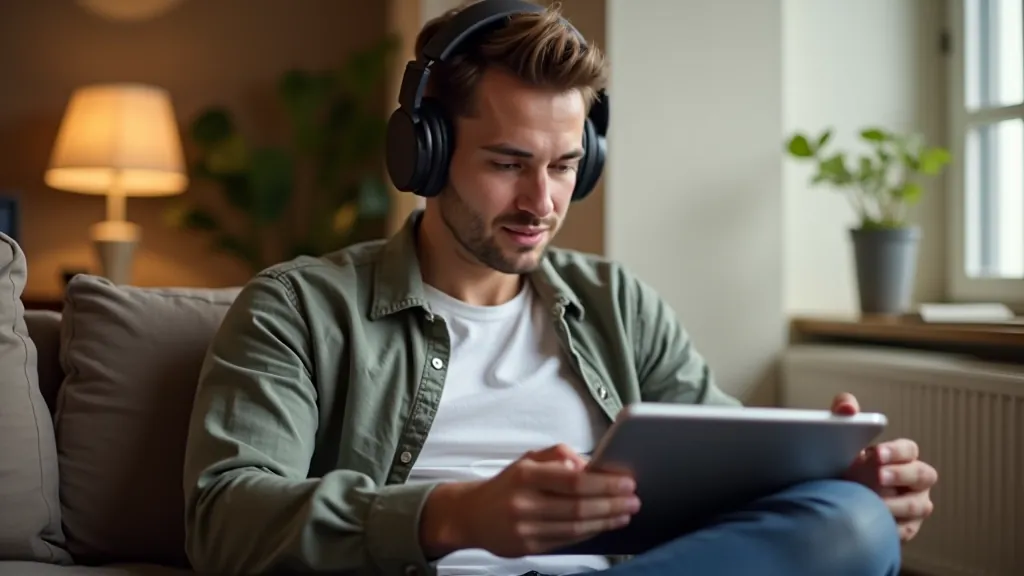 Person wearing headphones, watching foreign language film on tablet with subtitles visible on screen in relaxed home setting