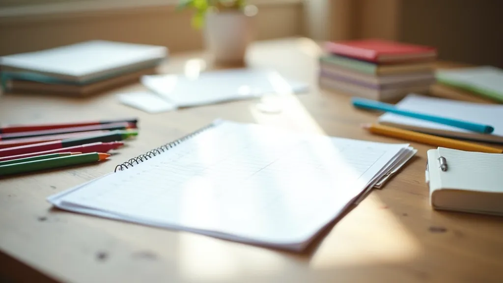 Study materials including notebook, pen, calendar, and reference books arranged on clean desk