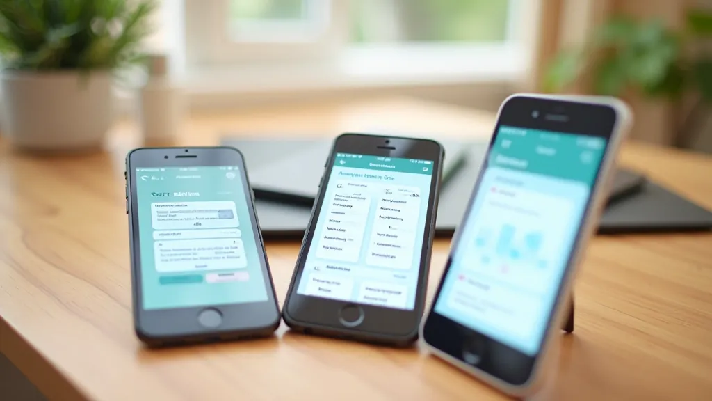 Multiple smartphone screens showing different language learning app interfaces with colorful vocabulary lessons and progress trackers