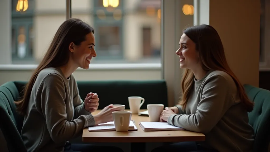 Two people having a conversation at a coffee table with notebooks and drinks, casual language exchange setting